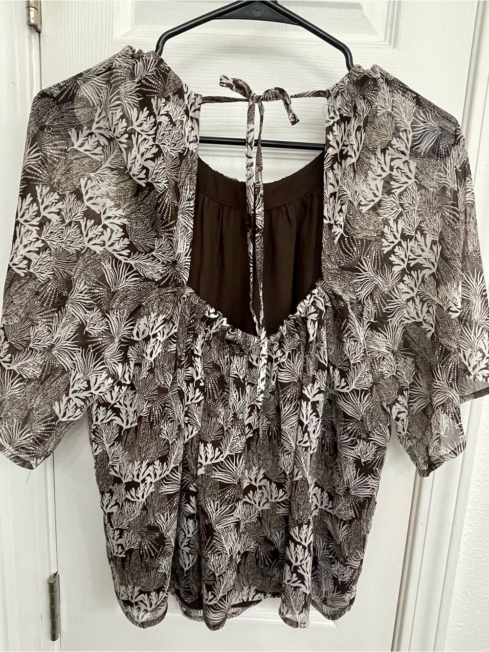 LOFT Brown  & White Printed Short-Sleeve Peasant Blouse - Picture 2 of 2
